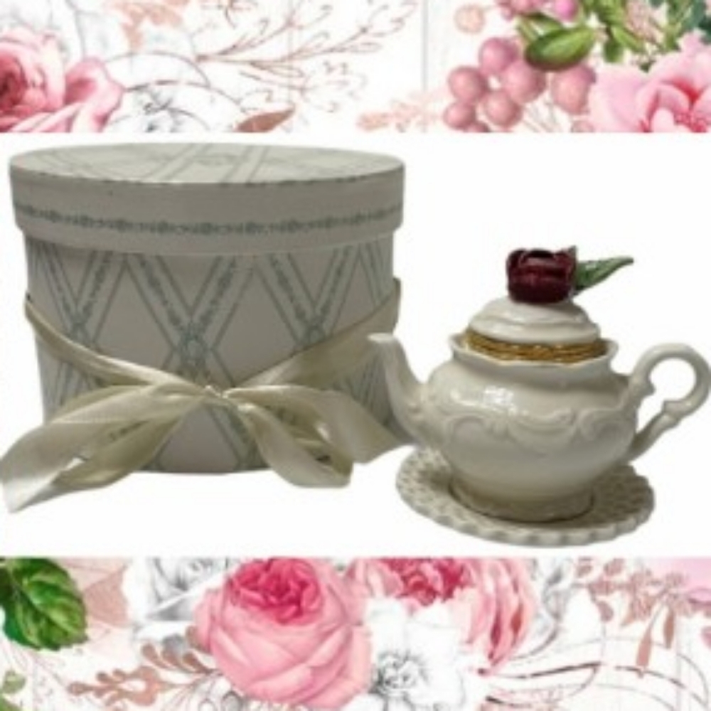 Rare Keepsake Rose Teapot Trinket Jewelry Box Vintage Mud Pie Collector Keepsake